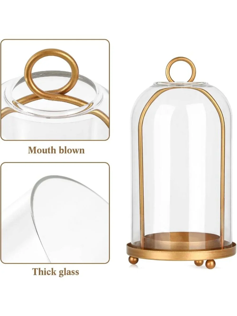 Set of 2 Vintage Brass Candle Lanterns with Thick Glass Dome - Home Decor Accent